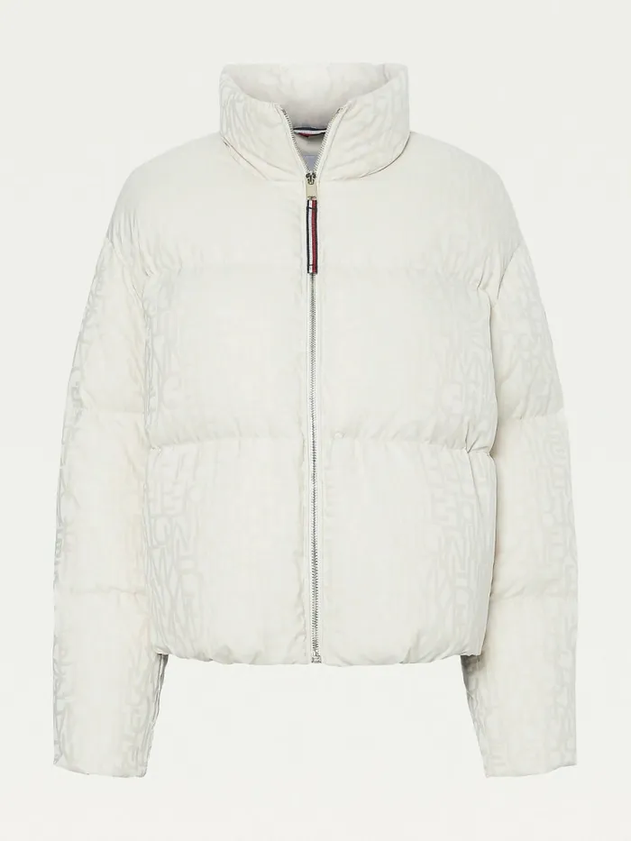 Tommy Hilfiger Spell Out Print Down Puffer Jacket Th Textured Jacquard Ecru Womens Coats and Jackets Sale