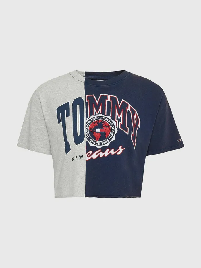 Tommy Hilfiger Spliced Logo Cropped TShirt Twilight NavyMulti Womens TShirts Near Me