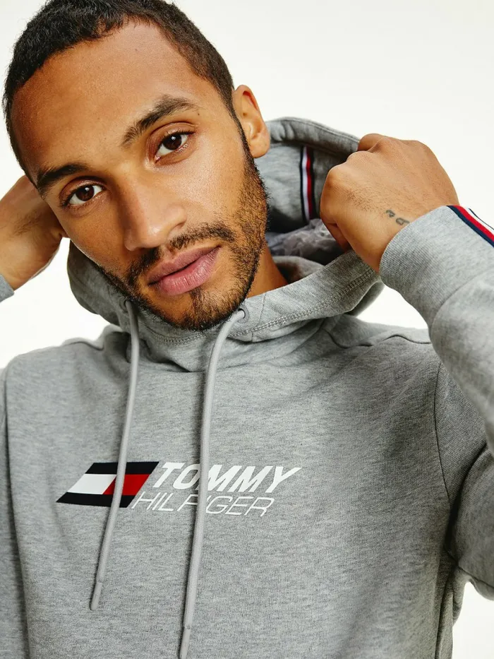 Tommy Hilfiger Sport Essential Organic Cotton Hoody Light Grey Heather Mens Sweatshirts and Hoodies Cheap On Sale