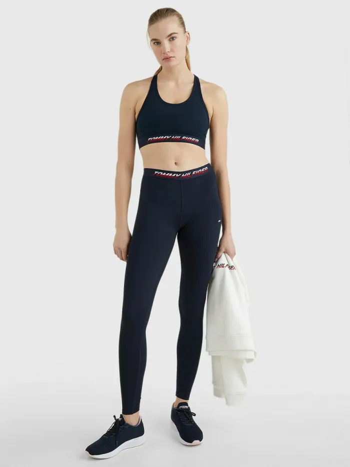 Tommy Hilfiger Sport Full Length Waistband Detail Leggings Desert Sky Split Logo Tape Womens Trousers