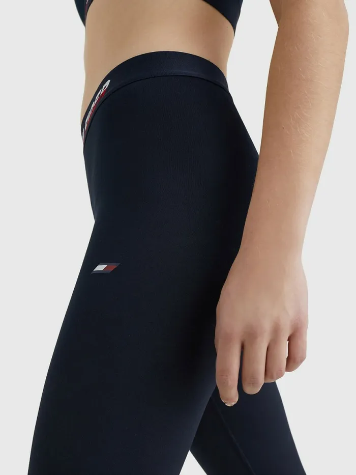 Tommy Hilfiger Sport Full Length Waistband Detail Leggings Desert Sky Split Logo Tape Womens Trousers
