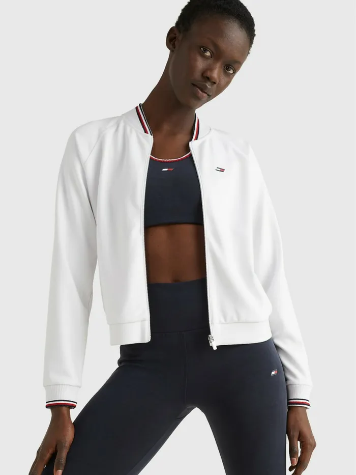 Tommy Hilfiger Sport Relaxed Fit Bomber Jacket Sueded Th Optic White Womens Coats and Jackets Fashion