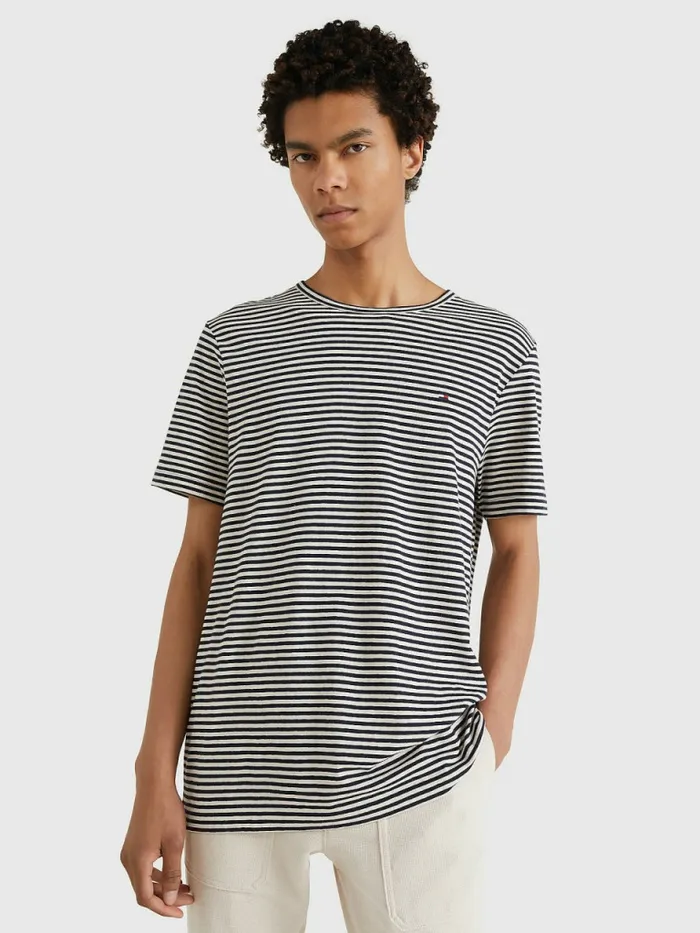 Tommy Hilfiger Stripe Cotton Linen TShirt Desert SkyFeather White Mens TShirts Sale Tommy Hilfiger Stripe Cotton Linen TShirt Desert SkyFeather White Mens TShirts Sale