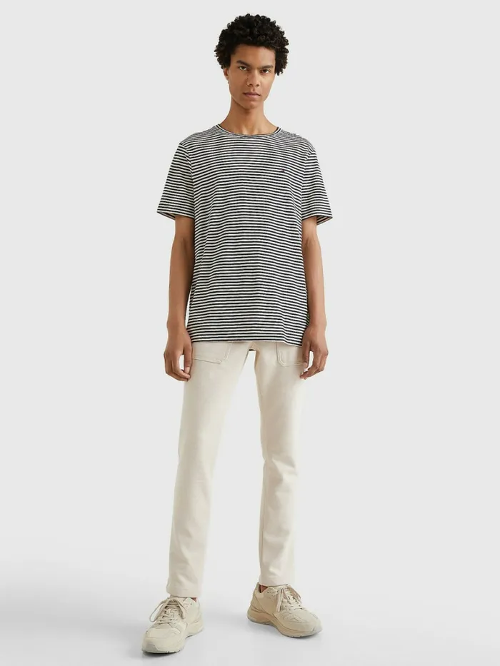 Tommy Hilfiger Stripe Cotton Linen TShirt Desert SkyFeather White Mens TShirts Sale
