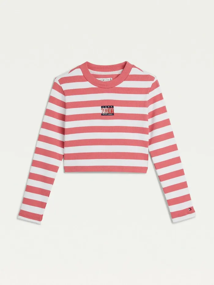Tommy Hilfiger Stripe Crop Long Sleeve TShirt Deep Watermelon Girls Tops and TShirts Sale Tommy Hilfiger Stripe Crop Long Sleeve TShirt Deep Watermelon Girls Tops and TShirts Sale