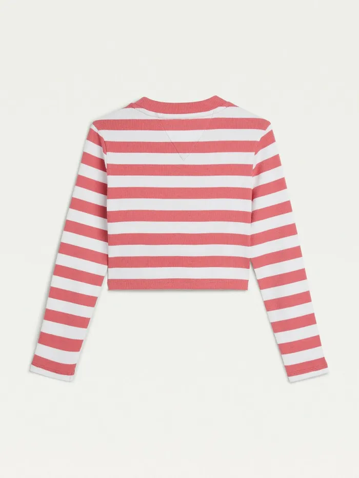 Tommy Hilfiger Stripe Crop Long Sleeve TShirt Deep Watermelon Girls Tops and TShirts Sale