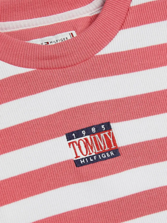 Tommy Hilfiger Stripe Crop Long Sleeve TShirt Deep Watermelon Girls Tops and TShirts Sale