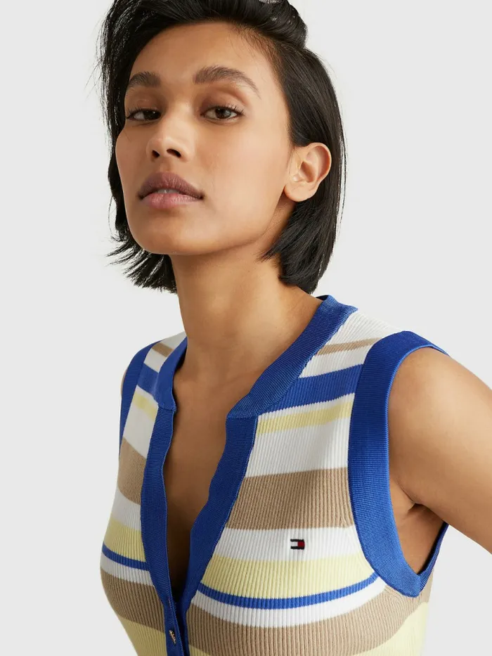 Tommy Hilfiger Stripe Henley Slim Fit Sweater Vest Lemon Twist Stp Swt Womens Knitwear Gift Ideas