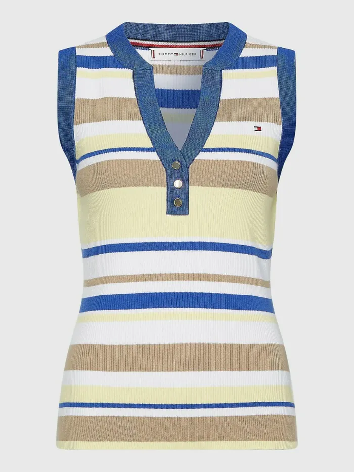 Tommy Hilfiger Stripe Henley Slim Fit Sweater Vest Lemon Twist Stp Swt Womens Knitwear Gift Ideas