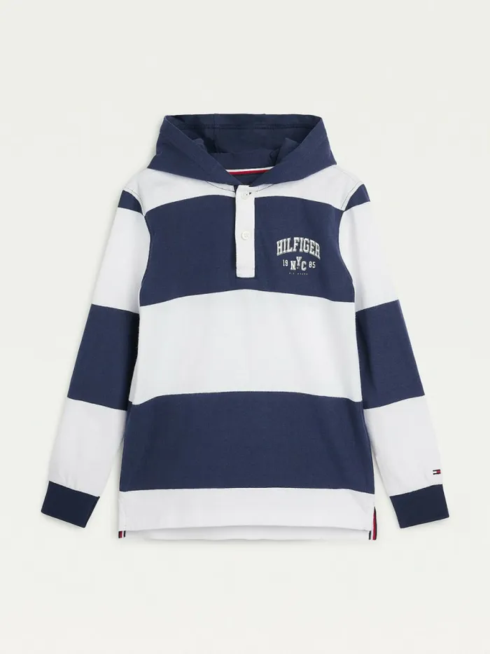 Tommy Hilfiger Stripe Hooded LongSleeve Polo Twilight Navy Stripe Boys TShirts and Polos For Sale Tommy Hilfiger Stripe Hooded LongSleeve Polo Twilight Navy Stripe Boys TShirts and Polos For Sale