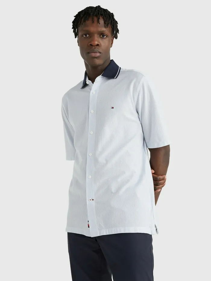 Tommy Hilfiger Stripe Polo Collar Short Sleeve Shirt Breezy BlueWhite Mens Shirts Casaul Tommy Hilfiger Stripe Polo Collar Short Sleeve Shirt Breezy BlueWhite Mens Shirts Casaul