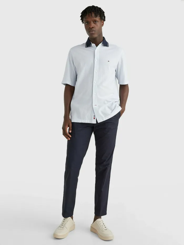 Tommy Hilfiger Stripe Polo Collar Short Sleeve Shirt Breezy BlueWhite Mens Shirts Casaul