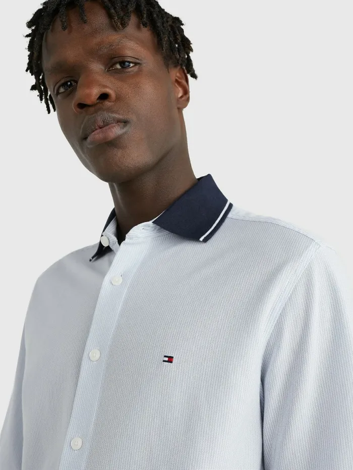 Tommy Hilfiger Stripe Polo Collar Short Sleeve Shirt Breezy BlueWhite Mens Shirts Casaul