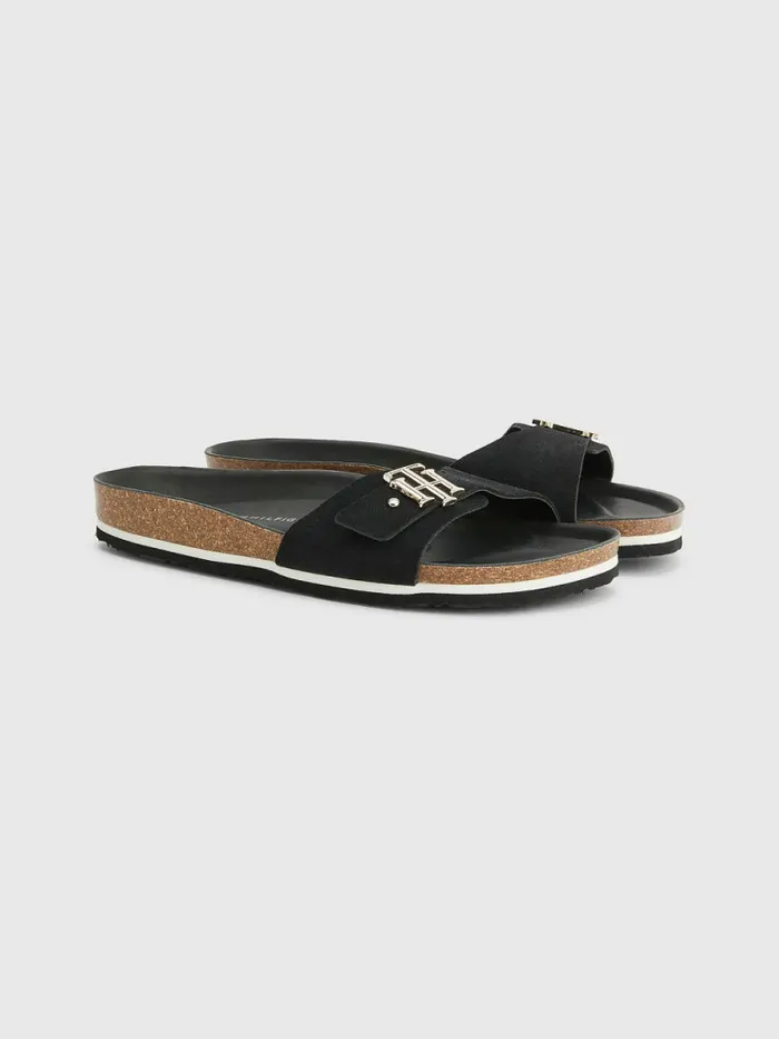 Tommy Hilfiger Suede Cork Flat Sandals Black Womens Sandals On Sale