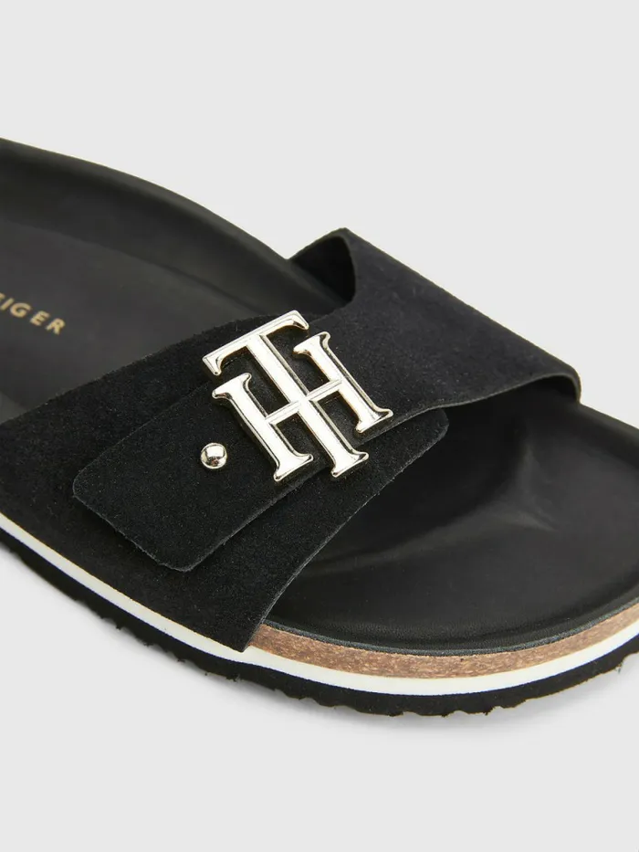 Tommy Hilfiger Suede Cork Flat Sandals Black Womens Sandals On Sale