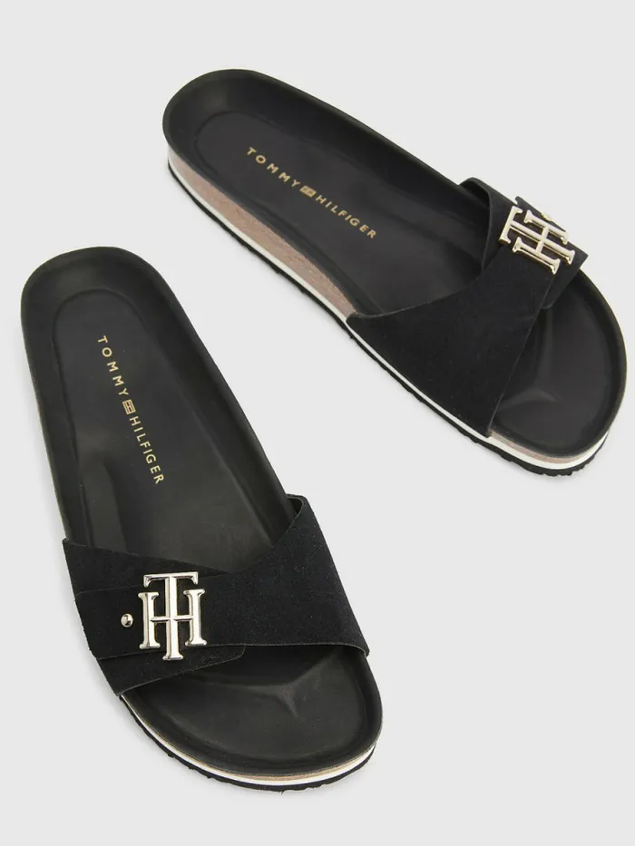 Tommy Hilfiger Suede Cork Flat Sandals Black Womens Sandals On Sale
