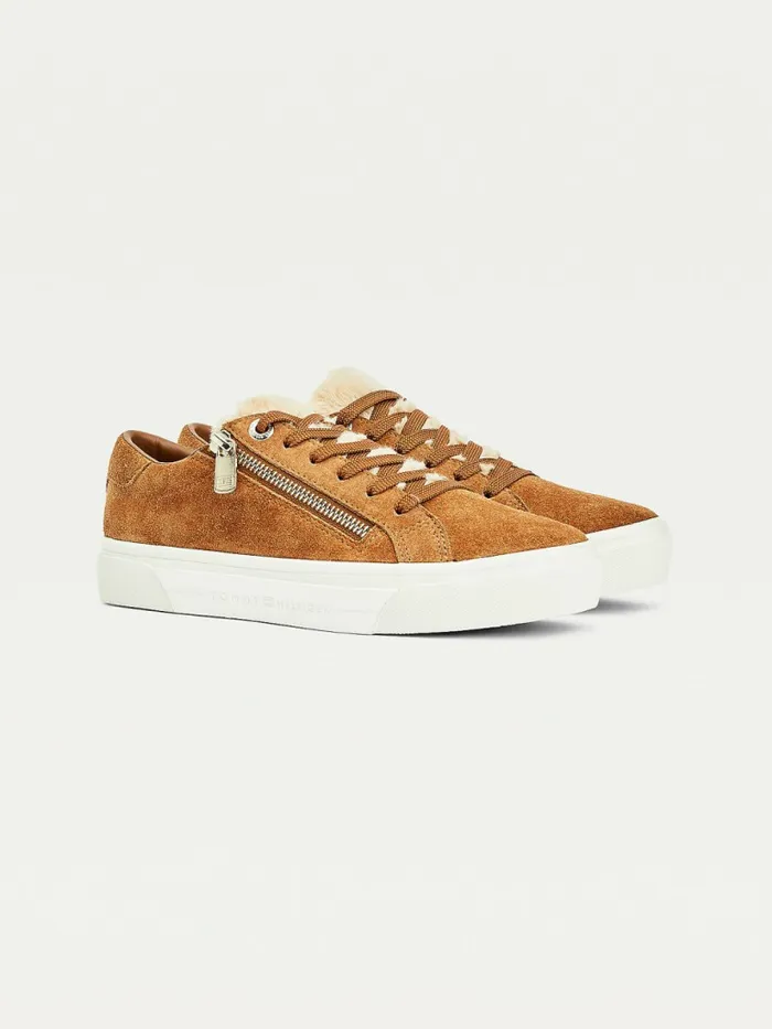 Tommy Hilfiger Suede Warm Lined Vulcanised Trainers Natural Cognac Womens Trainers Popular
