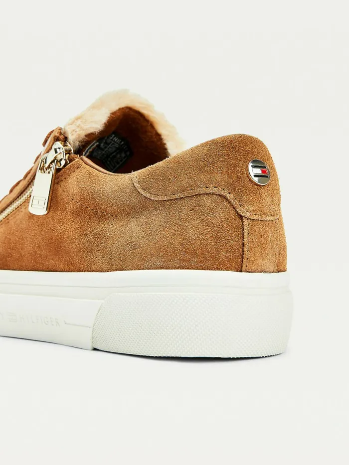 Tommy Hilfiger Suede Warm Lined Vulcanised Trainers Natural Cognac Womens Trainers Popular