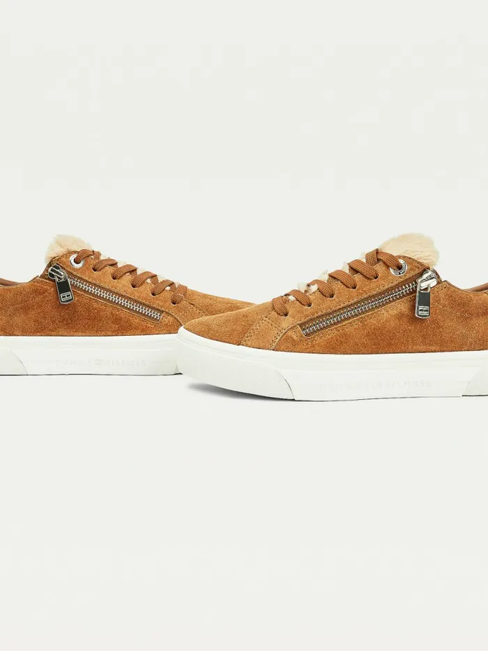 Tommy Hilfiger Suede Warm Lined Vulcanised Trainers Natural Cognac Womens Trainers Popular