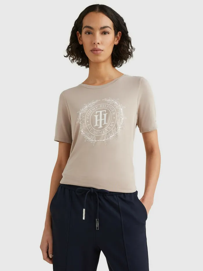 Tommy Hilfiger Sueded Crest TShirt Sueded Beige Womens TShirts Online