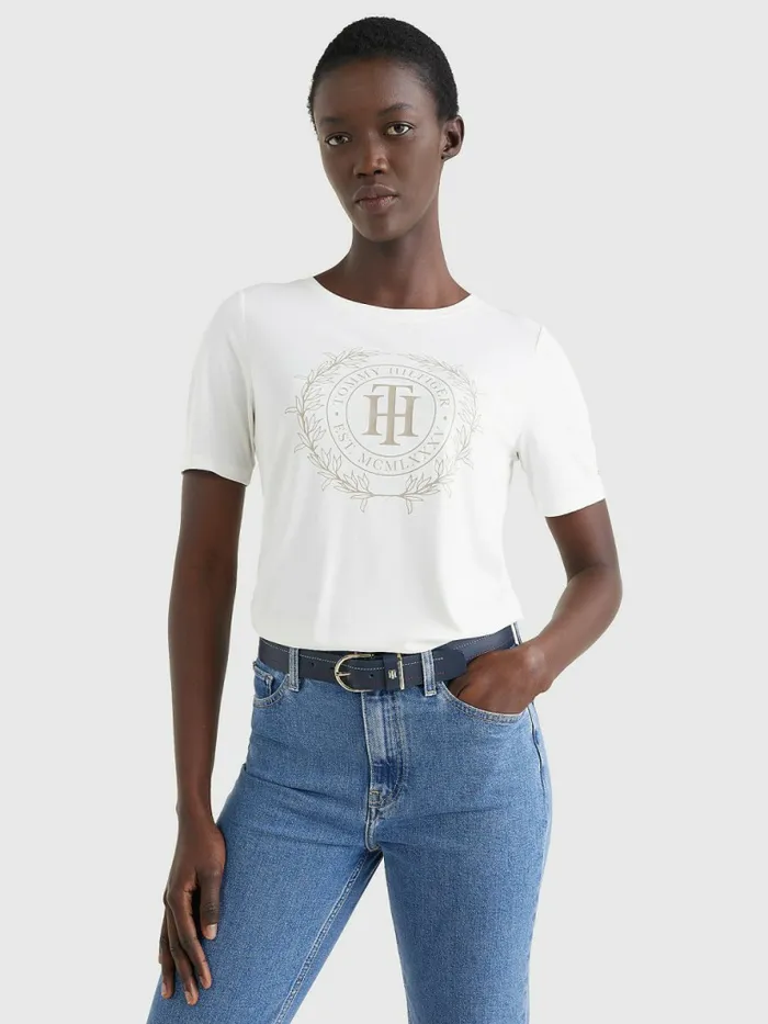 Tommy Hilfiger Sueded Crest TShirt Sueded Ecru Womens TShirts Cheap On Sale