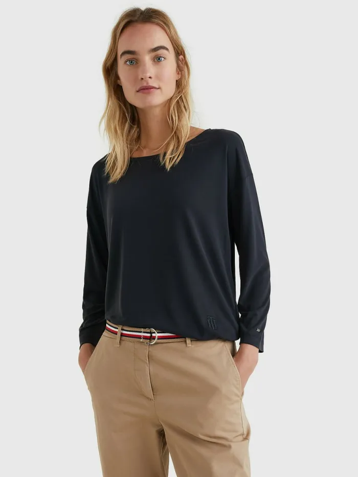 Tommy Hilfiger Sueded Relaxed Boat Neck TShirt Sueded Black Womens TShirts For Sale Tommy Hilfiger Sueded Relaxed Boat Neck TShirt Sueded Black Womens TShirts For Sale