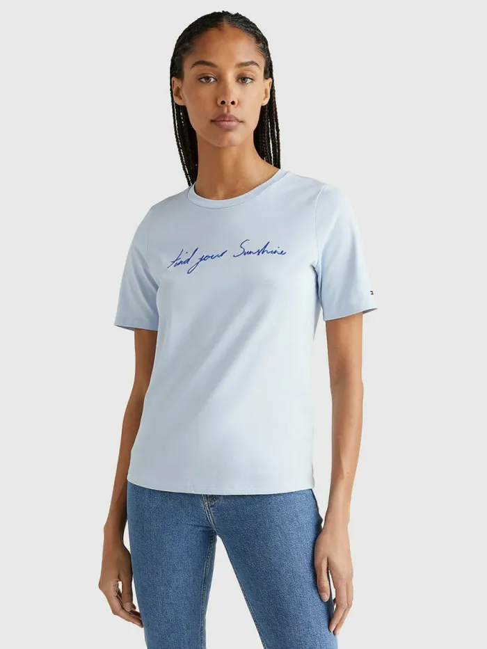Tommy Hilfiger Sunshine Slogan TShirt Breezy Blue Womens TShirts Sale