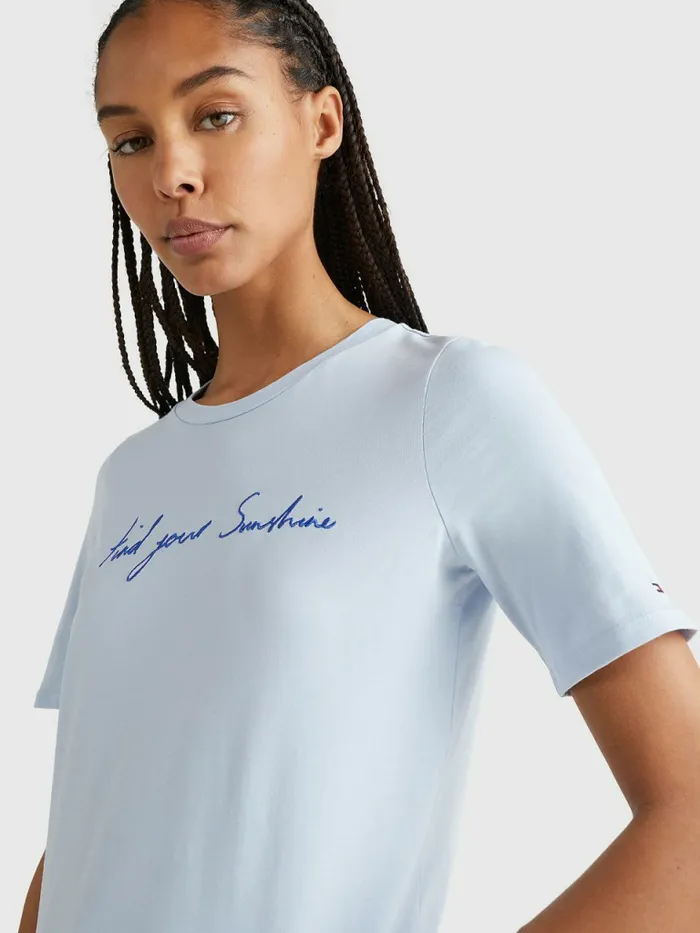 Tommy Hilfiger Sunshine Slogan TShirt Breezy Blue Womens TShirts Sale
