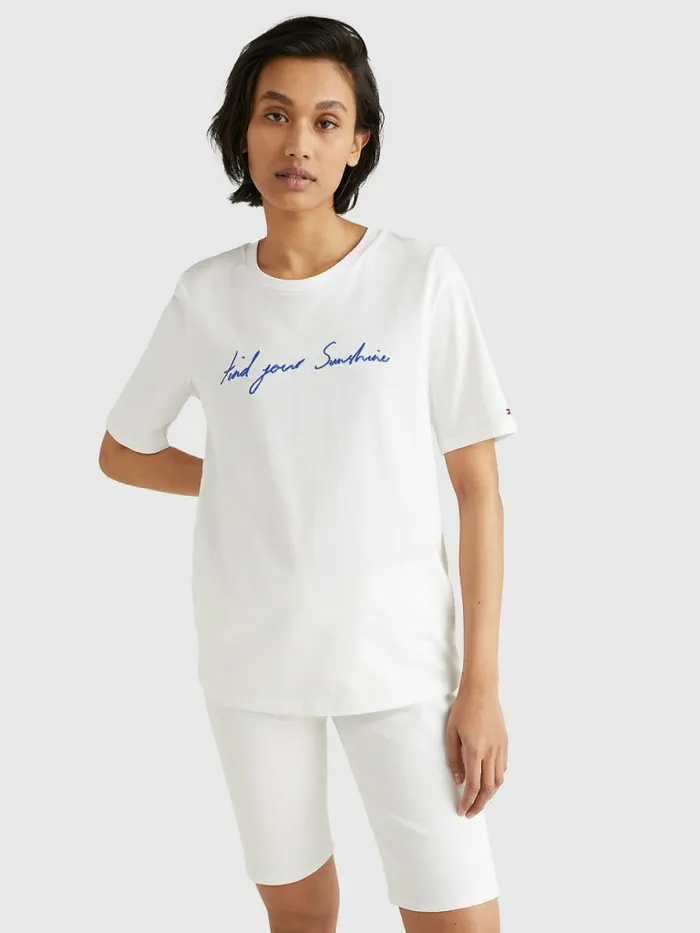 Tommy Hilfiger Sunshine Slogan TShirt WhiteVerona Blue Text Womens TShirts On Sale Tommy Hilfiger Sunshine Slogan TShirt WhiteVerona Blue Text Womens TShirts On Sale