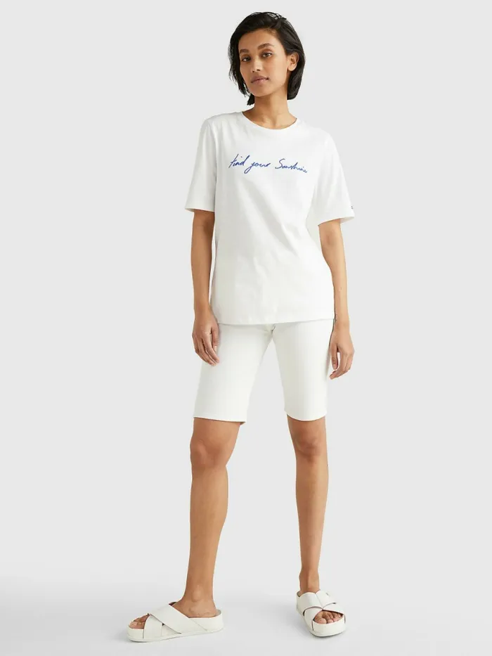 Tommy Hilfiger Sunshine Slogan TShirt WhiteVerona Blue Text Womens TShirts On Sale