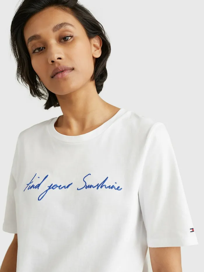 Tommy Hilfiger Sunshine Slogan TShirt WhiteVerona Blue Text Womens TShirts On Sale