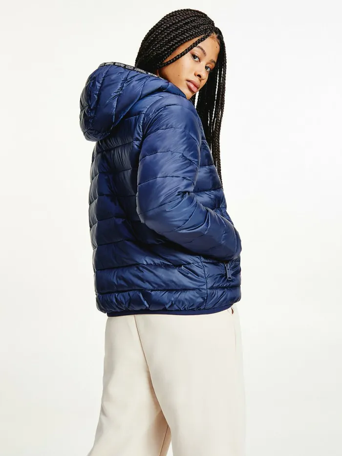 Tommy Hilfiger Tape Detail Quilted Hooded Jacket Twilight Navy Womens Coats and Jackets Gift for Friend