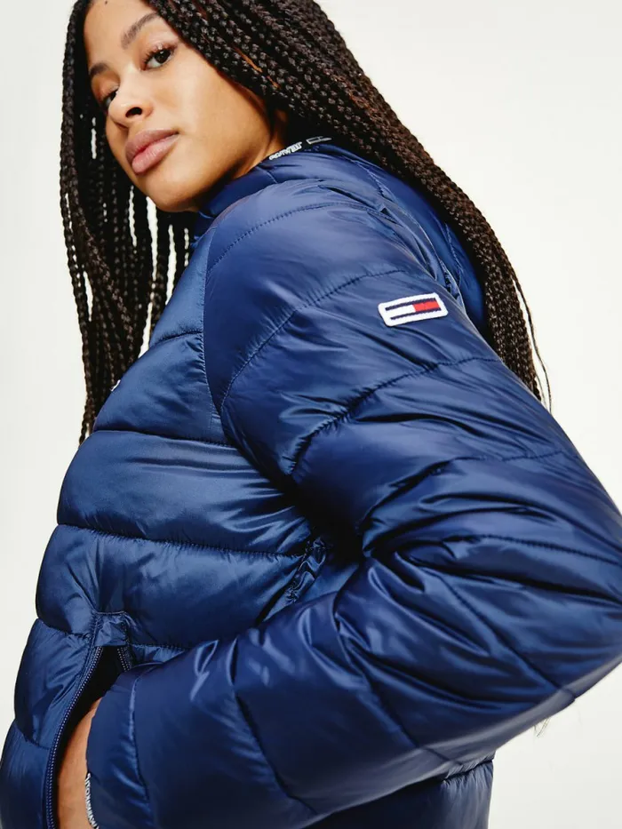 Tommy Hilfiger Tape Detail Quilted Hooded Jacket Twilight Navy Womens Coats and Jackets Gift for Friend