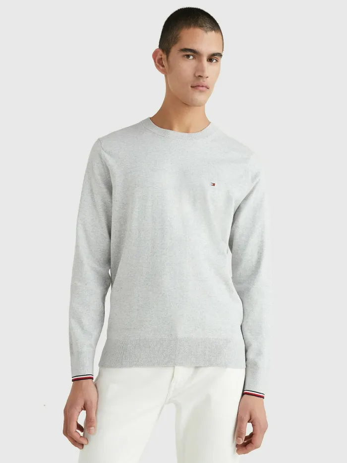 Tommy Hilfiger Th Flex Tipped Cuffs Jumper Light Grey Heather Mens Knitwear On Sale Tommy Hilfiger Th Flex Tipped Cuffs Jumper Light Grey Heather Mens Knitwear On Sale