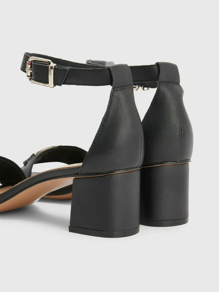Tommy Hilfiger Th Interlock Leather Mid Heel Sandal Black Womens Sandals Near Me