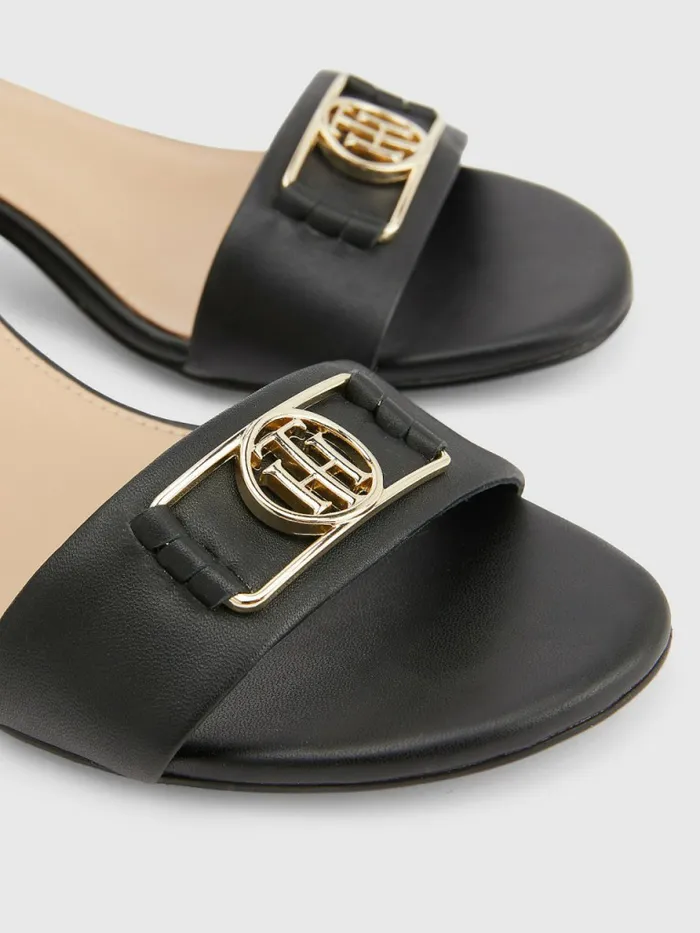 Tommy Hilfiger Th Interlock Leather Mid Heel Sandal Black Womens Sandals Near Me