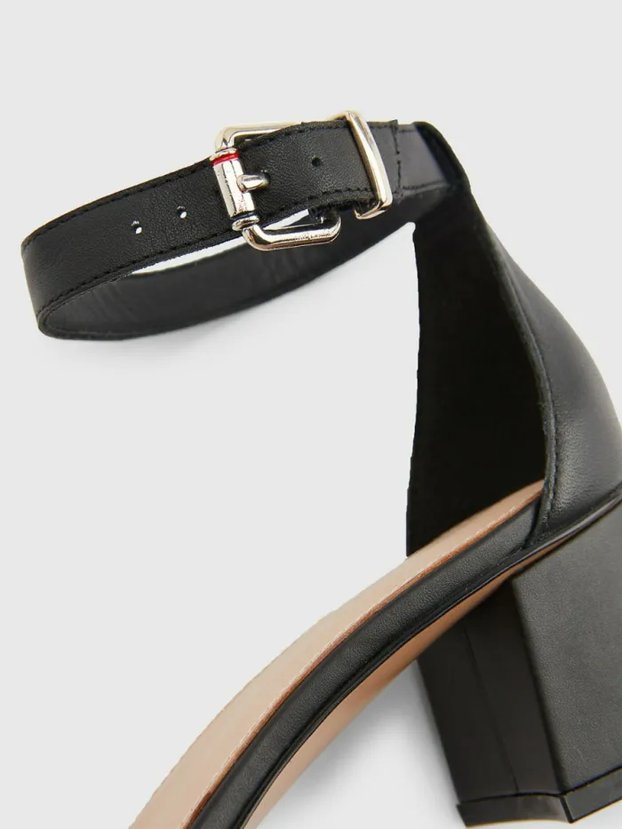 Tommy Hilfiger Th Interlock Leather Mid Heel Sandal Black Womens Sandals Near Me