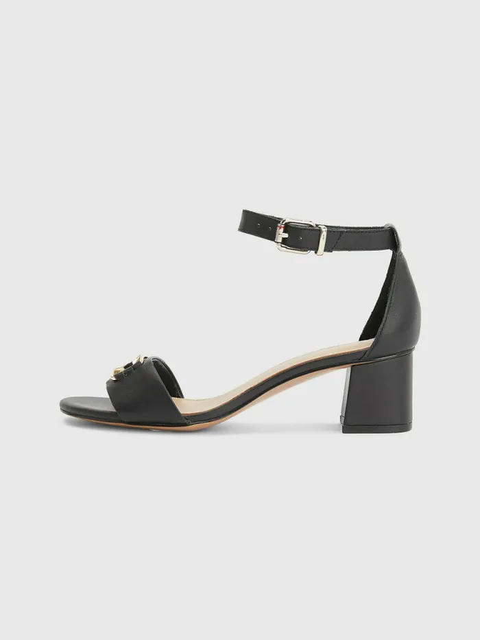 Tommy Hilfiger Th Interlock Leather Mid Heel Sandal Black Womens Sandals Near Me