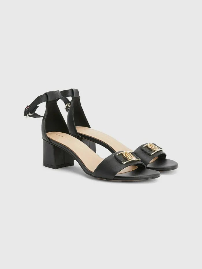 Tommy Hilfiger Th Interlock Leather Mid Heel Sandal Black Womens Sandals Near Me