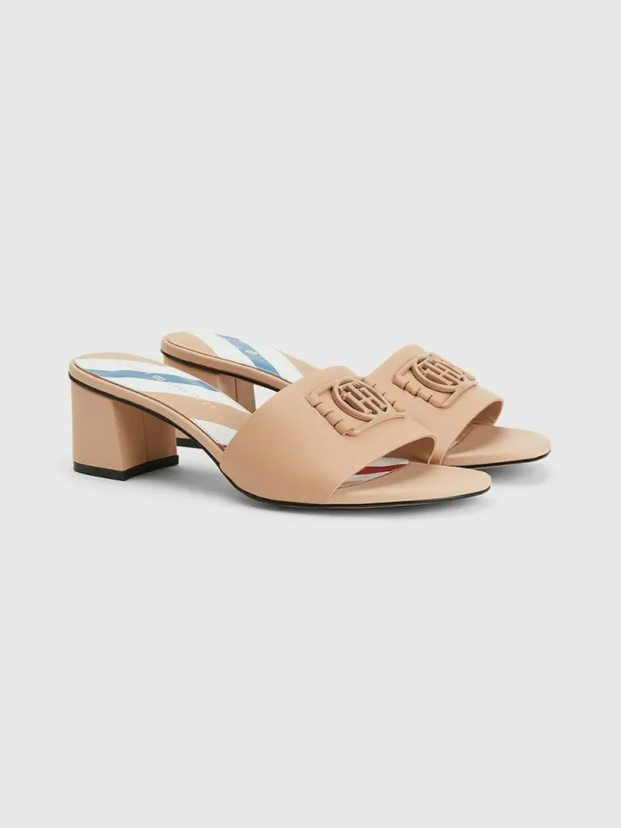 Tommy Hilfiger Th Monogram Block Heel Leather Mules Sandrift Womens Sandals Gift for Friend Tommy Hilfiger Th Monogram Block Heel Leather Mules Sandrift Womens Sandals Gift for Friend