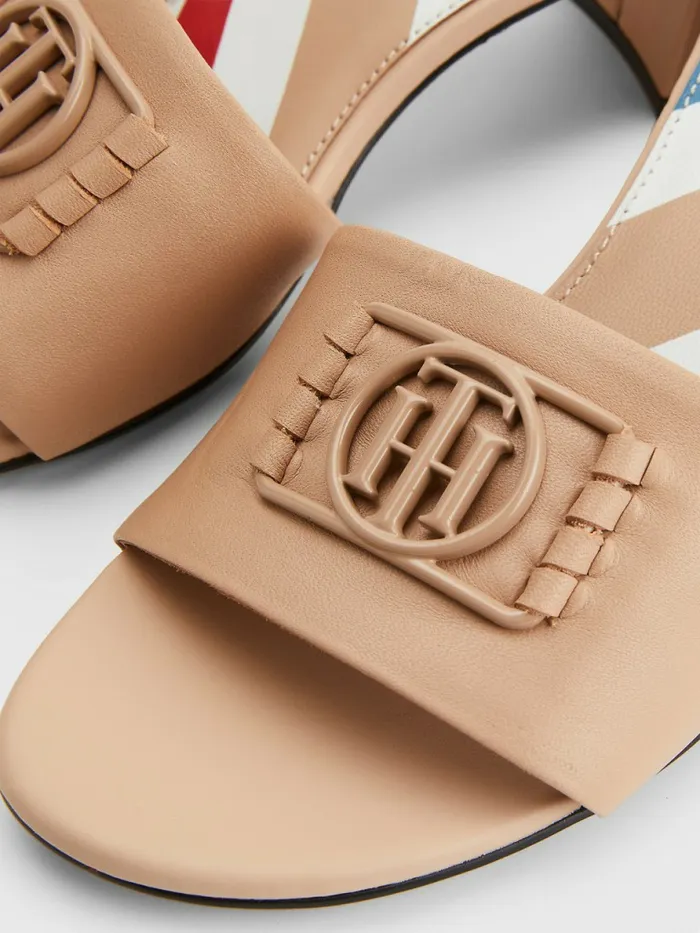 Tommy Hilfiger Th Monogram Block Heel Leather Mules Sandrift Womens Sandals Gift for Friend