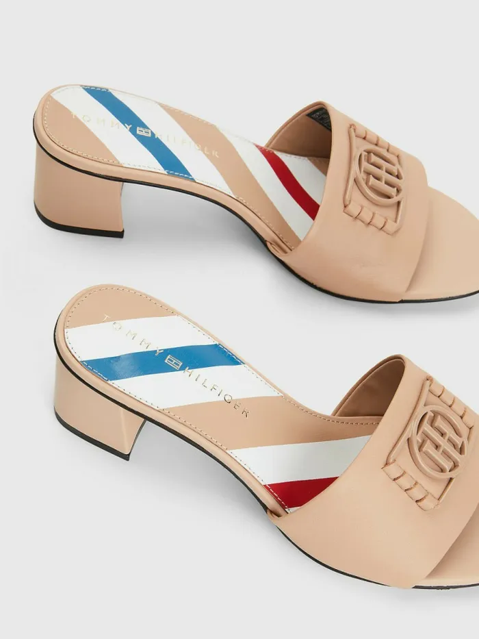 Tommy Hilfiger Th Monogram Block Heel Leather Mules Sandrift Womens Sandals Gift for Friend