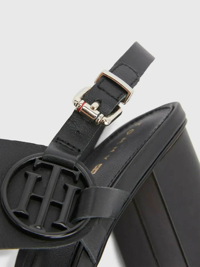 Tommy Hilfiger Th Monogram Leather Block Heel Sandals Black Womens Sandals Online