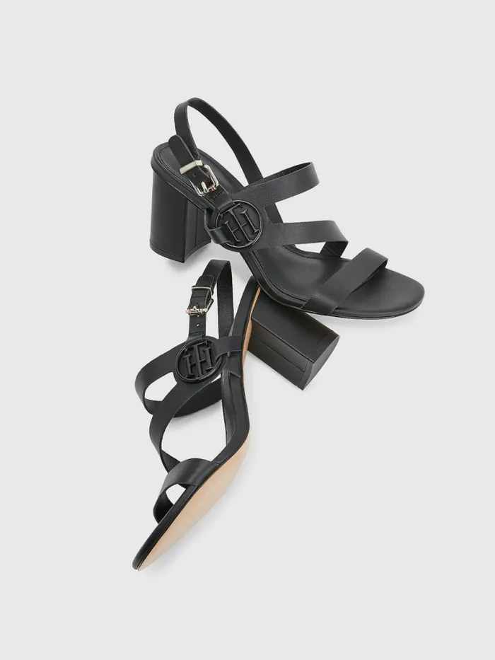 Tommy Hilfiger Th Monogram Leather Block Heel Sandals Black Womens Sandals Online