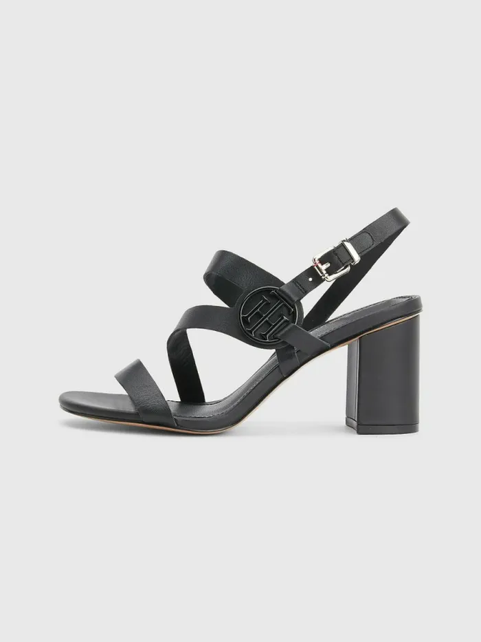 Tommy Hilfiger Th Monogram Leather Block Heel Sandals Black Womens Sandals Online