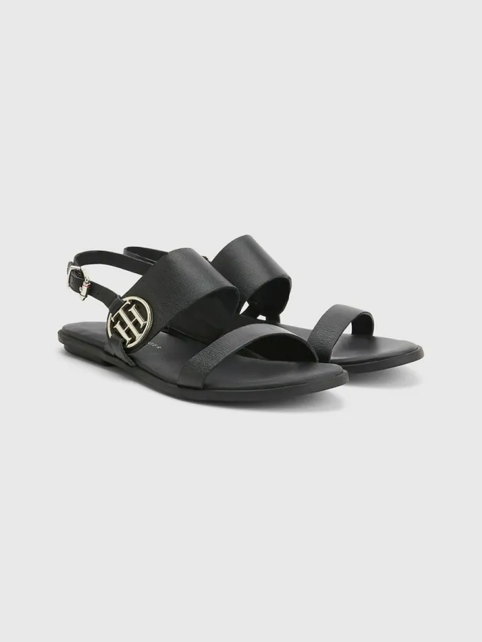 Tommy Hilfiger Th Monogram Leather Flat Sandals Black Womens Sandals Cheap On Sale Tommy Hilfiger Th Monogram Leather Flat Sandals Black Womens Sandals Cheap On Sale