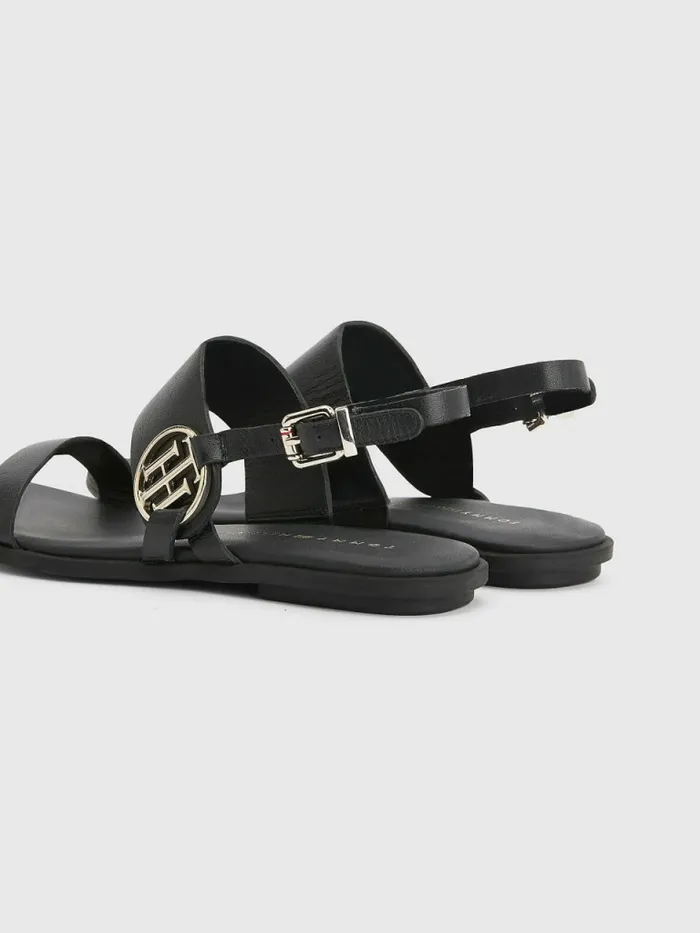 Tommy Hilfiger Th Monogram Leather Flat Sandals Black Womens Sandals Cheap On Sale
