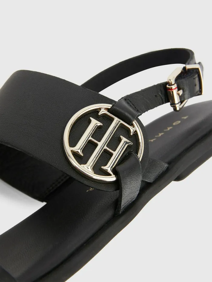 Tommy Hilfiger Th Monogram Leather Flat Sandals Black Womens Sandals Cheap On Sale