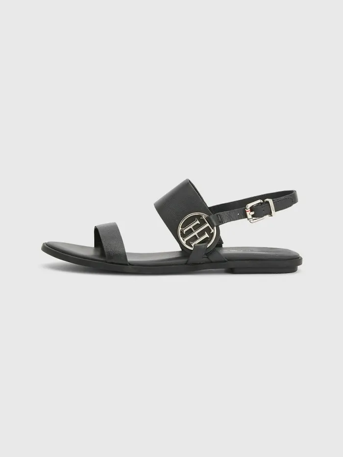 Tommy Hilfiger Th Monogram Leather Flat Sandals Black Womens Sandals Cheap On Sale