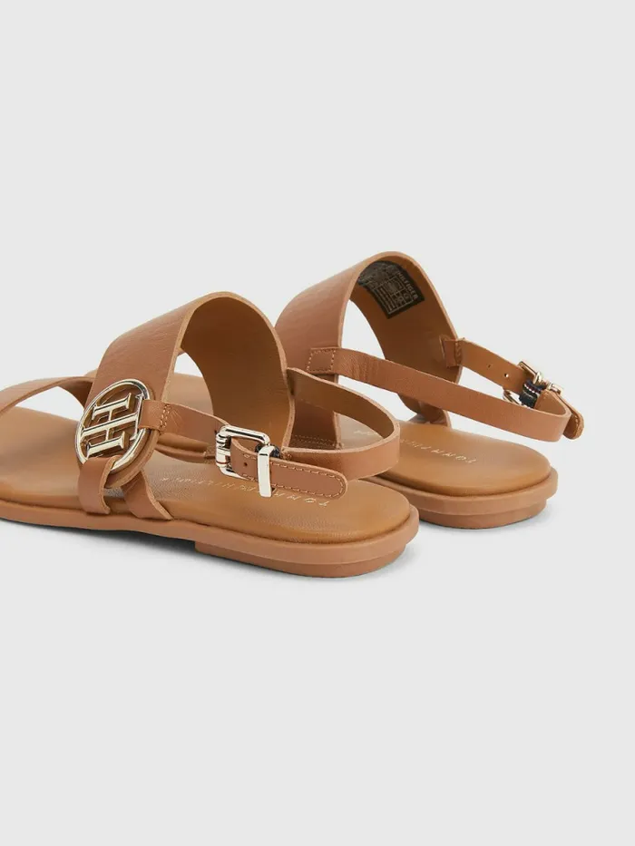 Tommy Hilfiger Th Monogram Leather Flat Sandals Summer Cognac Womens Sandals Gift Ideas